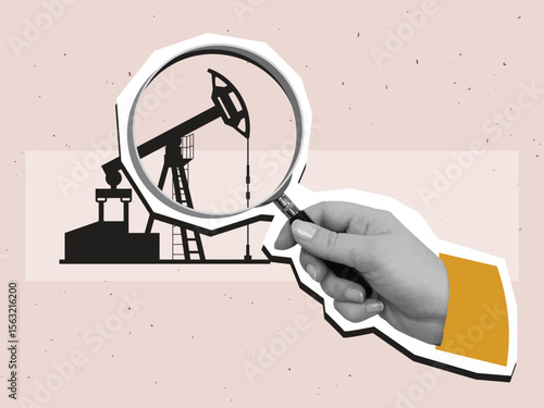 Hand with a magnifying glass look at silhouette of oil drilling derrick. Modern photo collage style. Vector illustration