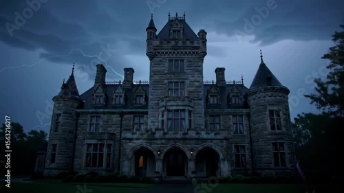 Castle or mansion during a dramatic thunderstorm with lightning and heavy rain at night
