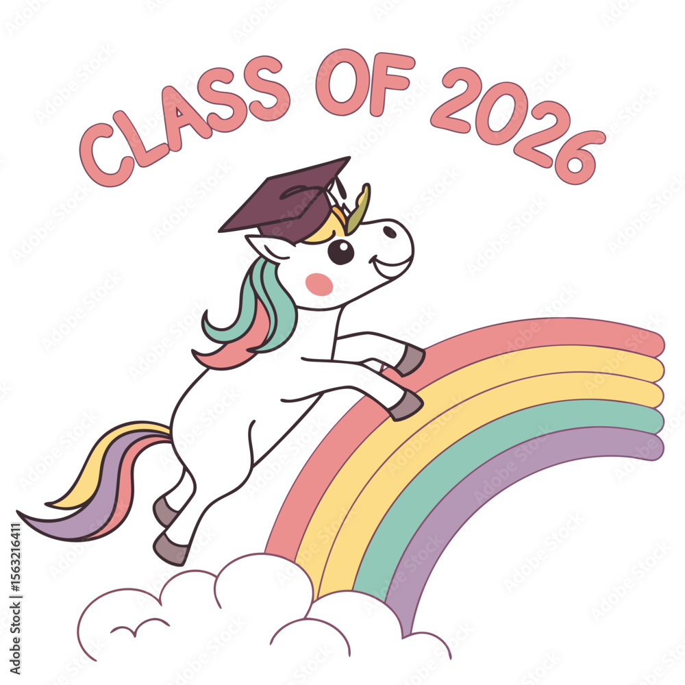 Naklejka premium Unicorn graduation cap jumping rainbow clouds vector
