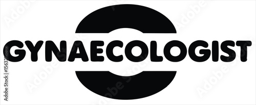 Bold black text spelling gynaecologist with a circular graphic element isolated on white background