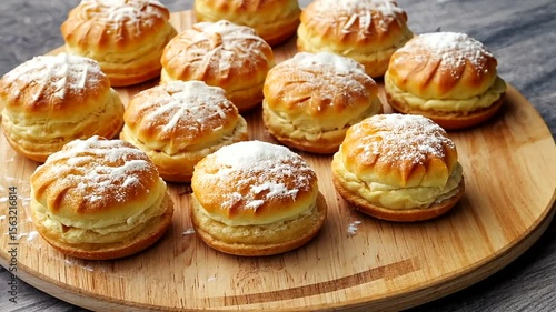Wallpaper Mural Freshly baked pastries arranged on a wooden platter, dusted with powdered sugar, in a cozy kitchen setting Torontodigital.ca