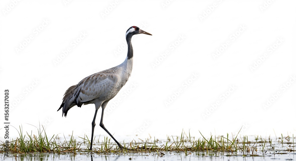 Obraz premium 優雅に歩く鶴 白背景 穏やかな光. AI Generated