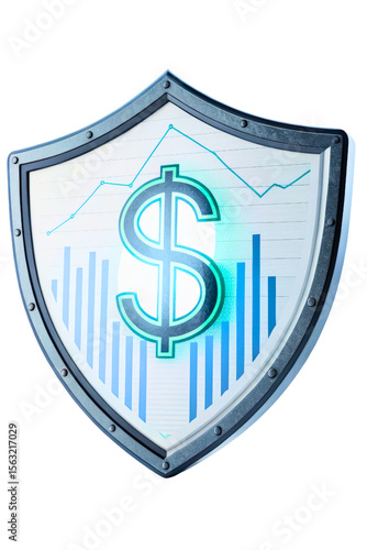 Metal shield with dollar sign and financial growth chart isolated with transparent background