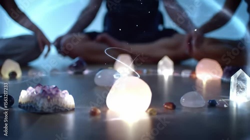 People meditating around illuminated crystals with flowing energy effects