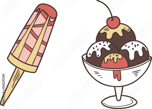 Ice Cream and Dessert Treats Set Featuring Cones Sundaes and Sweet Pastries. Delicious Dessert and Ice Cream Collection for Summer Snacks and Bakery Use. Colorful Ice Cream and Dessert Illustration