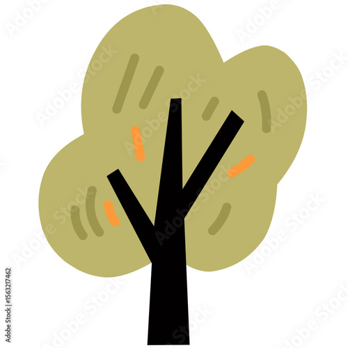 Flat olive green tree with expressive branches and dark trunk. Abstract style for playful scenes.