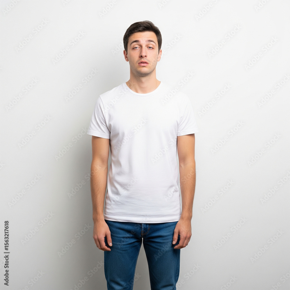 Fototapeta premium Young Man in White T-Shirt Expressing Confusion or Surprise