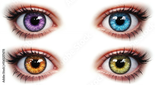 Four eyes with different colored contact lenses