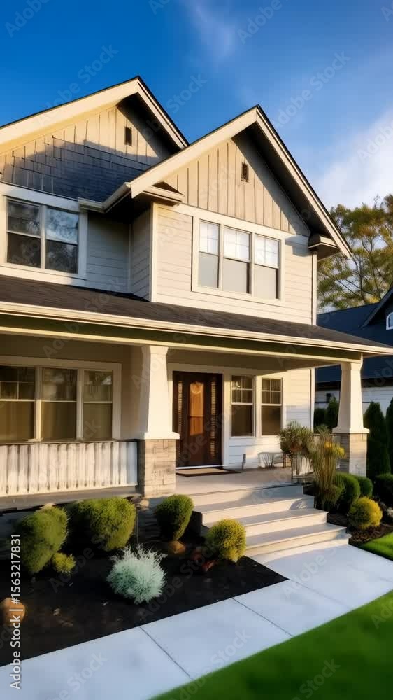Two-story home with white siding, front porch, manicured landscaping, green lawn, and clear blue sky during bright day in suburban neighborhood Two-story home with white siding, front porch, manicured landscaping, green lawn, and clear blue sky during bright day in suburban neighborhood