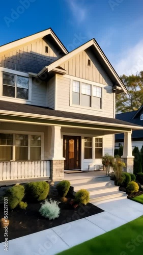 Two-story home with white siding, front porch, manicured landscaping, green lawn, and clear blue sky during bright day in suburban neighborhood