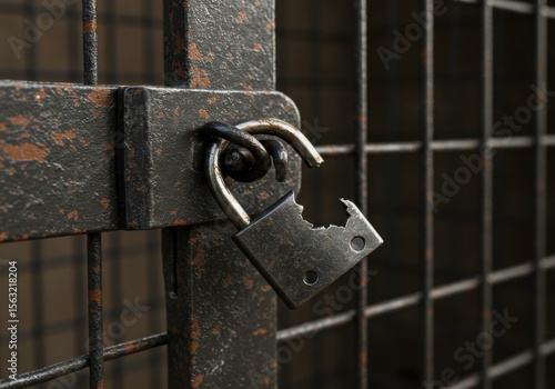 Rusty padlock on metal gate with chain securing the latch  