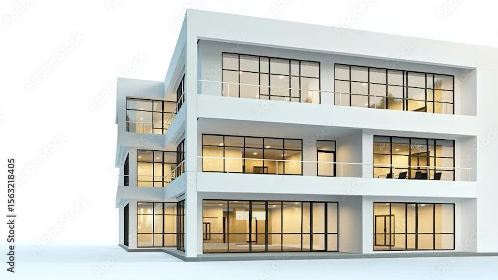 Modern white multi-story building with large windows Modern white multi-story building with large windows