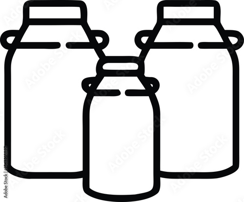 Milk cans outline illustration, dairy farm containers in different sizes, outline style vector