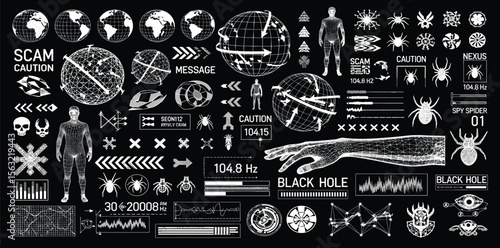 Retrofuturistic cyber aesthetic - 3D shapes, HUD, UI, cyberpunk elements, digital lettering. Y2K icons, 3D geometric shapes. Cyberpunk streetwear graphic pack for typography, clothes