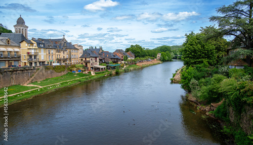 View over the Vézère River onto the old town of Montignac-Lascaux in Perigord, France