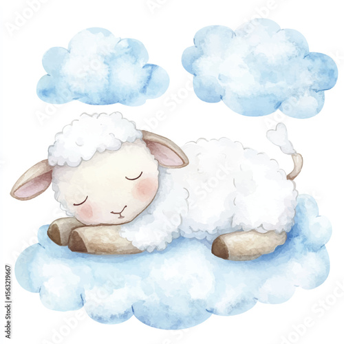 Watercolor Sheep Napping Peacefully on a Fluffy Cloud with Blue Sky Clouds