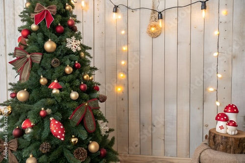 Rustic Christmas Tree Decor with Wooden Wall Background and Copy Space