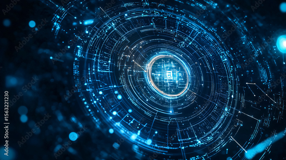 Obraz premium Digital technology core, glowing lines and data streams in a futuristic virtual reality world, showcasing connectivity and advancement.
