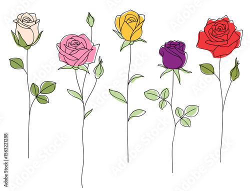 Set of decorative color rose with leaves. Hand drawn flowers. Vector stock illustration.
