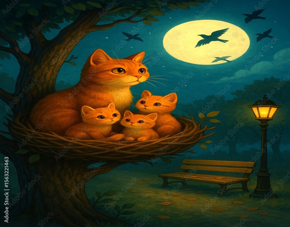 Fototapeta premium Cats in a Cozy Night Scene: Three kittens nestled in a tree nook under a glowing moonlight, with birds flying across the sky. A peaceful and magical moment capturing the warmth of family, nature, and 