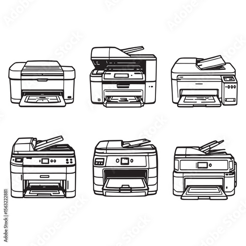 Minimalist inkjet printer vector illustration in line drawing style