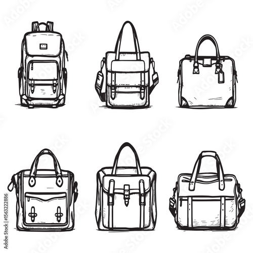 Minimalist line art drawing of leather bags collection