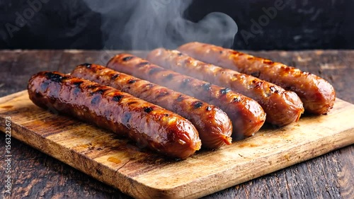 Grilled sausages arranged on a wooden cutting board with smoke rising, evoking a rustic kitchen atmosphere
