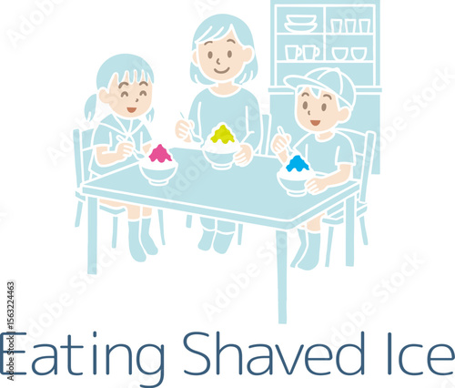 かき氷を食べる家族（主線なし）
A family eating shaved ice (no main line)