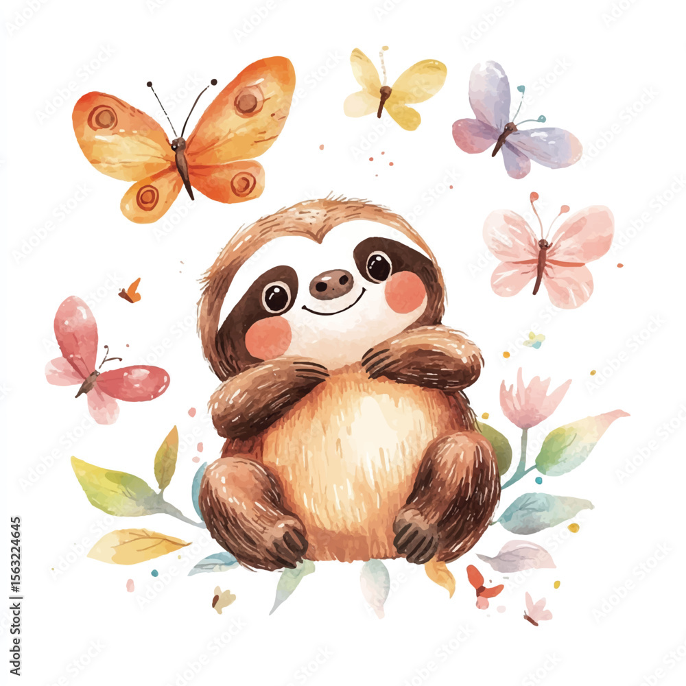 Obraz premium Watercolor Sloth Surrounded by Colorful Butterflies and Floral Accents