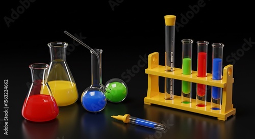 Kleurrijke reageerbuizen helder verlicht laboratorium experiment. AI Generated