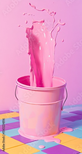 Pink paint splashing from a pink bucket on a patterned surface