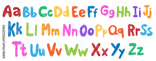 Crayon colorful kids alphabet, doodle funny playful font. Hand drawn scribble kid typescript numbers. School wax crayon abc cute kindergarten handwriting playful letters, digits. Pencil children font