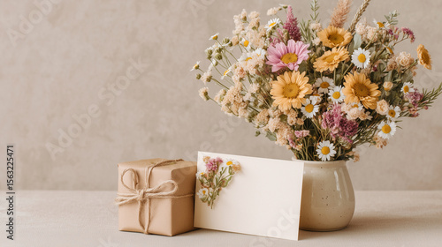 Festive birthday card mockup with a bouquet of wildflowers and small wrapped gift nearby, placed on a neutral pastel background