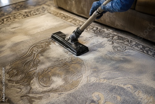 A person in blue gloves cleans a patterned rug with a vacuum cleaner.  A layer of dust or cleaning solution is visible on the rug