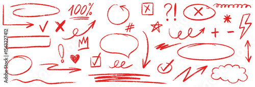 Red pencil hand drawn text underline, oval, chalked arrows, check marks. Doodle charcoal stroke emphases, arrow, highlight, speech bubble elements. Marker, pen brush stroke. Vector illustration
