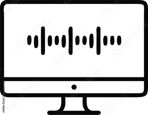 Outline drawing of computer monitor displaying sound wave, minimalist design
