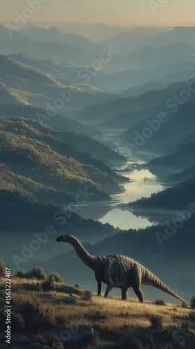 Large dinosaur wandering through a misty valley at dawn with mountains and a river in the background