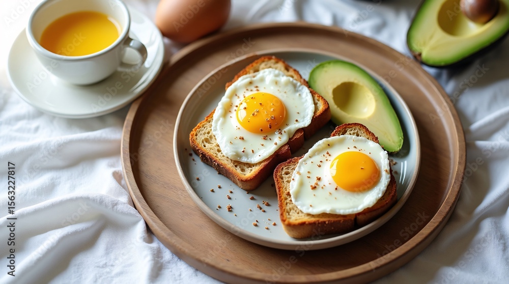 Keto breakfast with almond toast, ghee, poached egg and avocado on ceramic plate, wooden tray and white linen in soft natural light, minimalist wellness food top-down composition Keto breakfast with almond toast, ghee, poached egg and avocado on ceramic plate, wooden tray and white linen in soft natural light, minimalist wellness food top-down composition