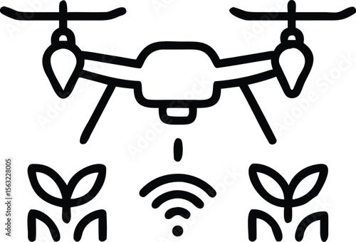Outline drone hovering over crops with wifi signal for agricultural technology