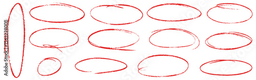 Hand drawn red crayon ovals and circles. Ellipses pencil doodle style set. Red round rough thin frames. Round freehand shapes, emphasis highlights. Vector elements for hand drawn diagrams
