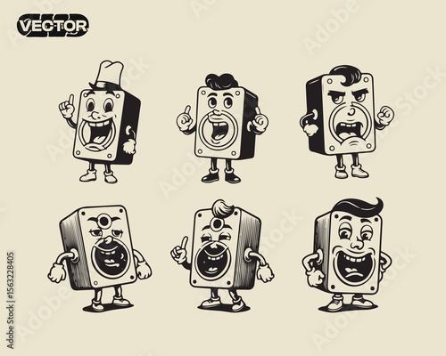 Retro Cartoon Speaker Characters Vintage Illustration Set