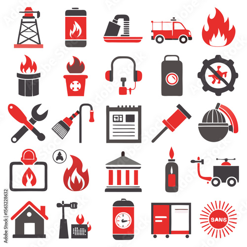 Fire Safety Icons Prevention, Response, and Equipment Illustrations