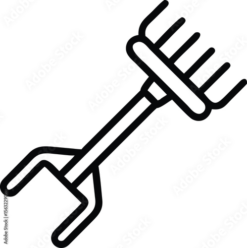 Outline icon of a garden rake with a handle and simple line art