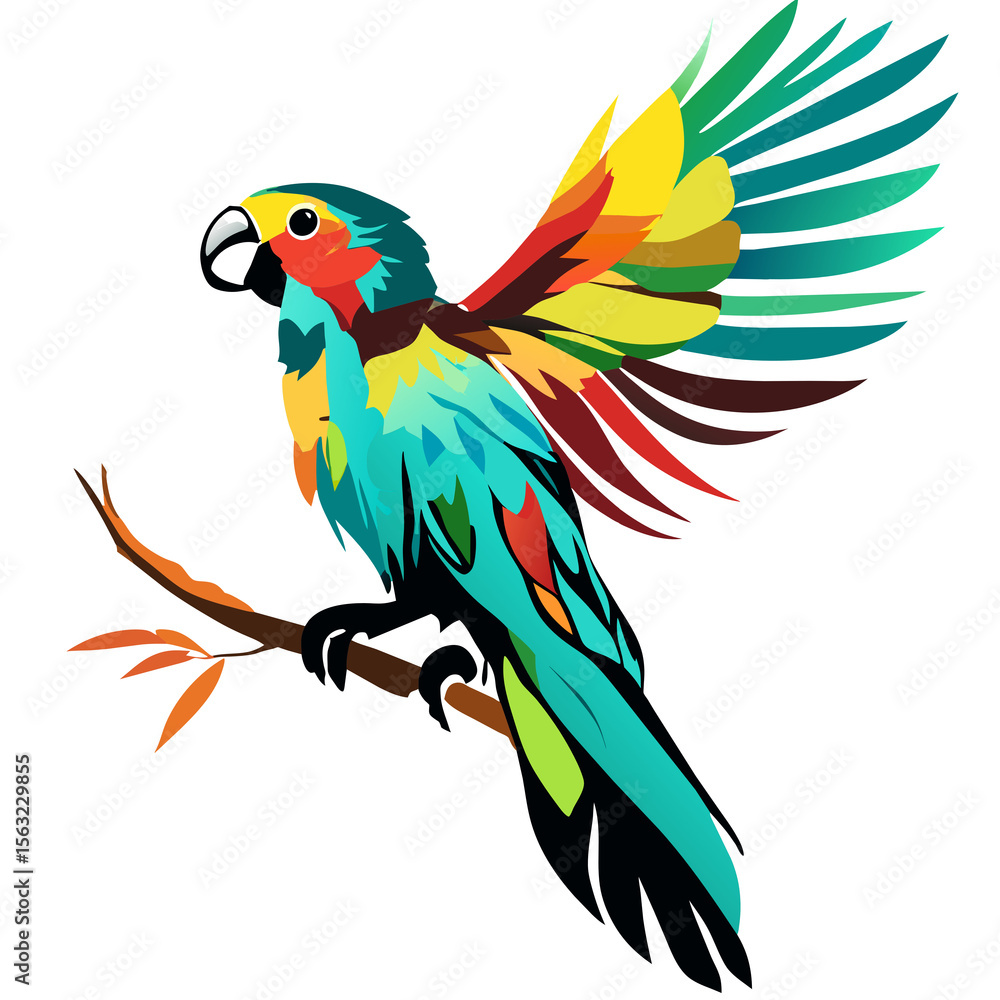 Fototapeta premium Vibrant blue and yellow macaw, a cute tropical parrot, perches on a branch, illustrated with colorful feathers, capturing exotic jungle wildlife art