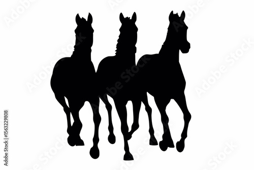 Three horses galloping in unison presented as a striking black silhouette against a white backdrop created with generated ai
