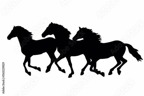 Silhouette of three horses running side by side with flowing manes and tails in a dynamic composition created with generated ai