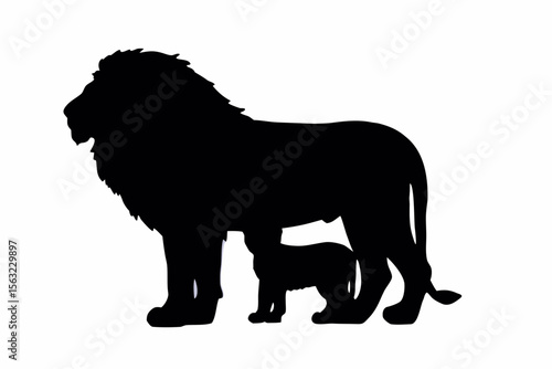 Silhouette of a large male lion standing protectively over a smaller lion cub in black and white created with generated ai