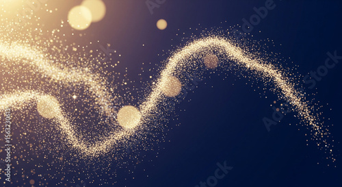 Luxurious sparkling glitter particles flowing across a dark blue background, golden light bokeh, magical dreamy atmosphere, soft glowing orbs, festive and elegant, high resolution, cinematic lighting.