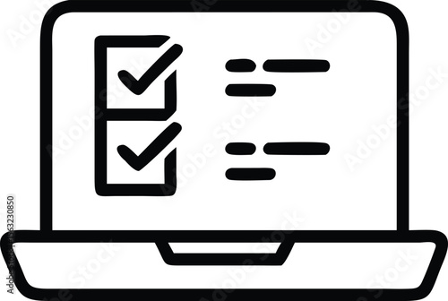 Outline laptop icon with checklist box, illustration for web design