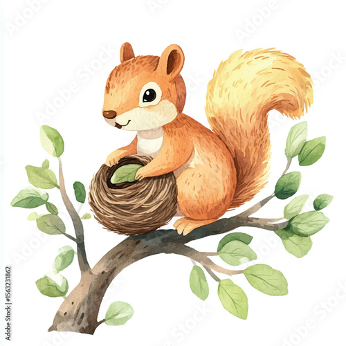Watercolor Squirrel Nesting on Branch with Green Leaves Smiling Happily